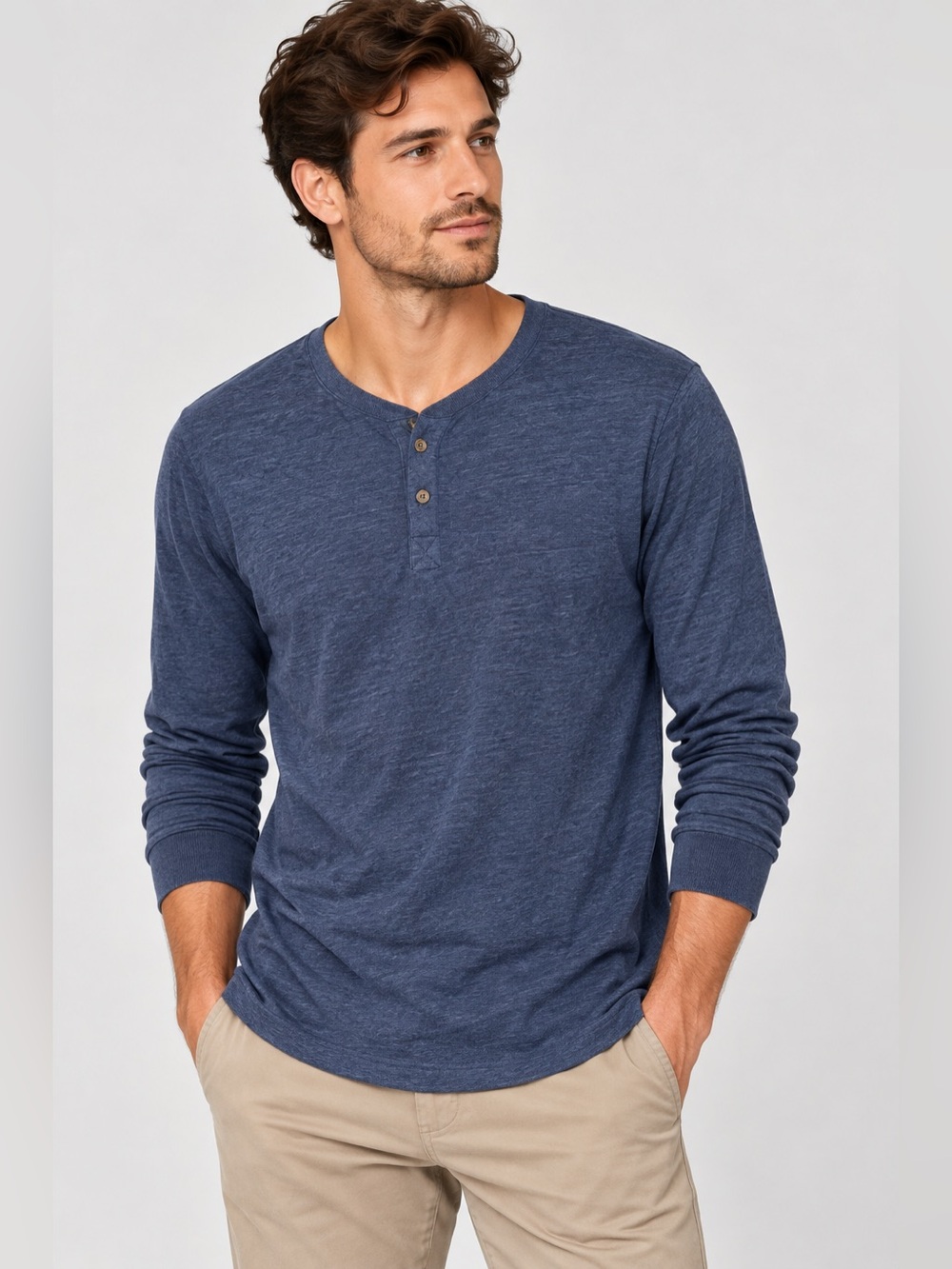 Marine Layer Men’s Large Blue Heather Long Sleeve Henley Shirt Soft Casual